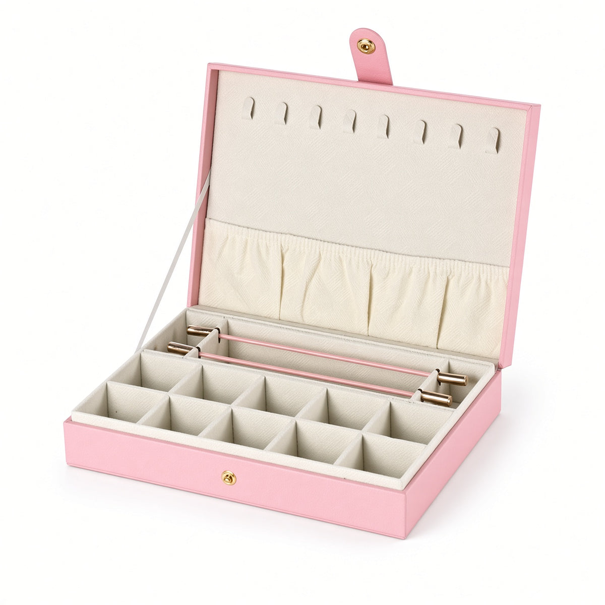 Open pink jewelry organizer with eight necklace hooks two bead rods and ten small compartments
