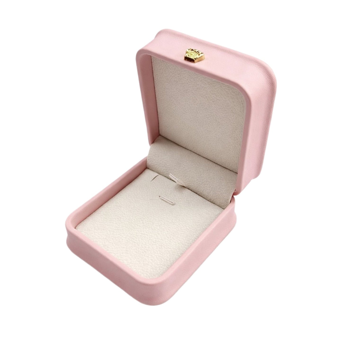 Open pink rounded pendant box with a light padded platform, securing loops, and gold-tone lid detail.