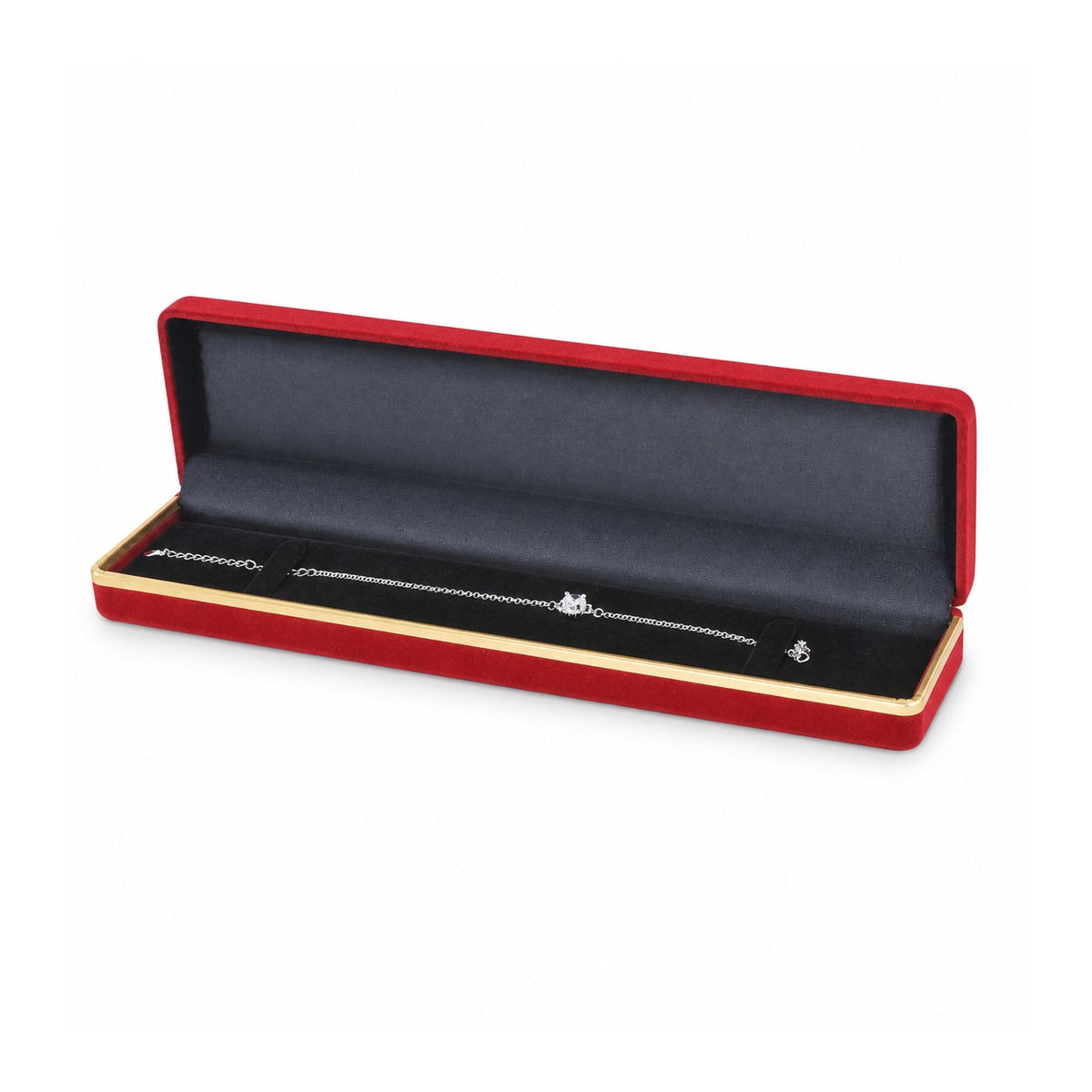 Red flocked bracelet box with gold trim open with silver bracelet.