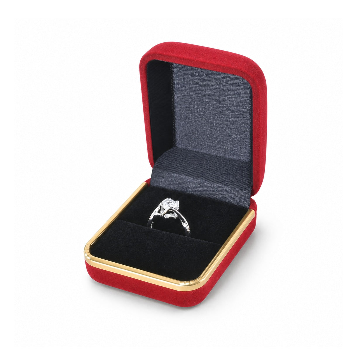Red Flocked Ring Boxes with Gold Trim open with ring, three-quarter view.