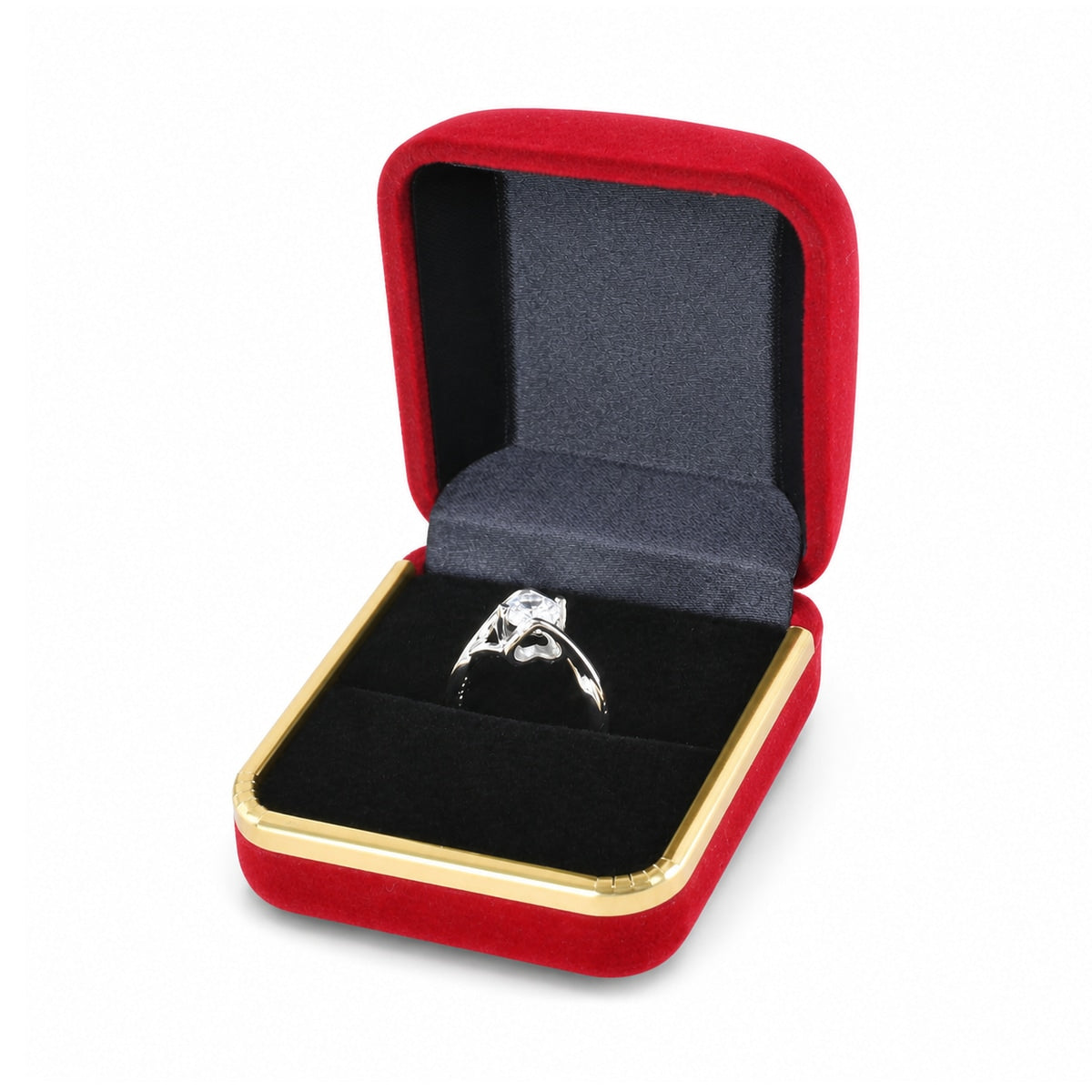 Red Flocked Ring Boxes with Gold Trim open with ring, interior detail.