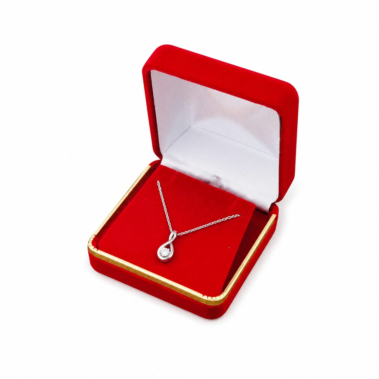 Red Square Velvet Pendant Boxes with Gold Trim shown as one open box with jewelry display props