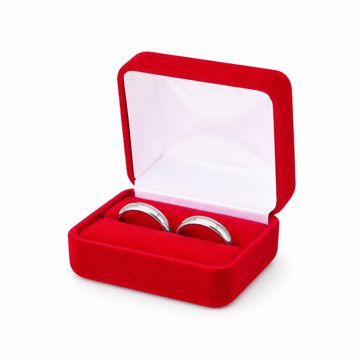 Red Velvet Double Ring Boxes shown as one open box with jewelry display props