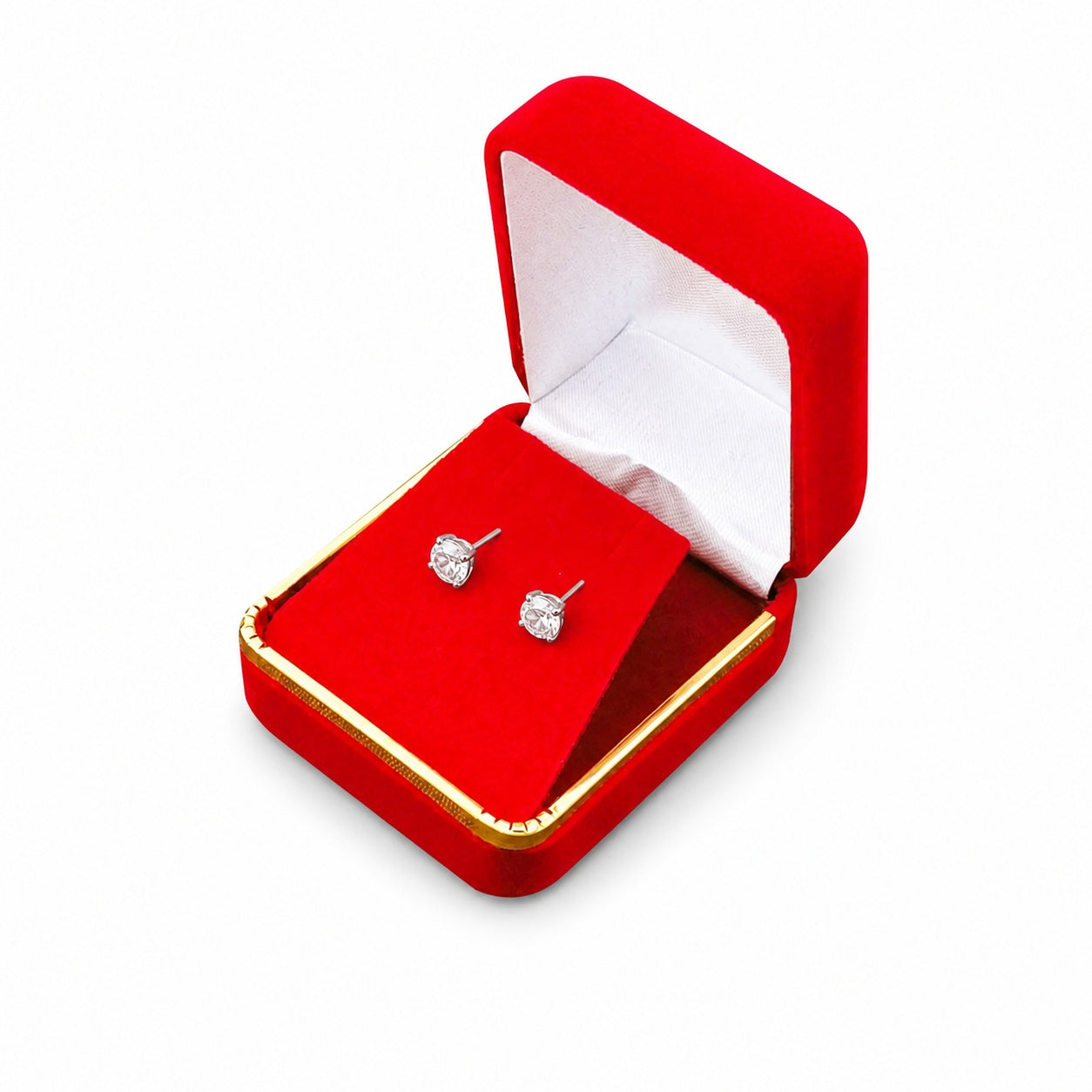 Red Velvet Earring Boxes with Gold Trim shown as one open box with jewelry display props