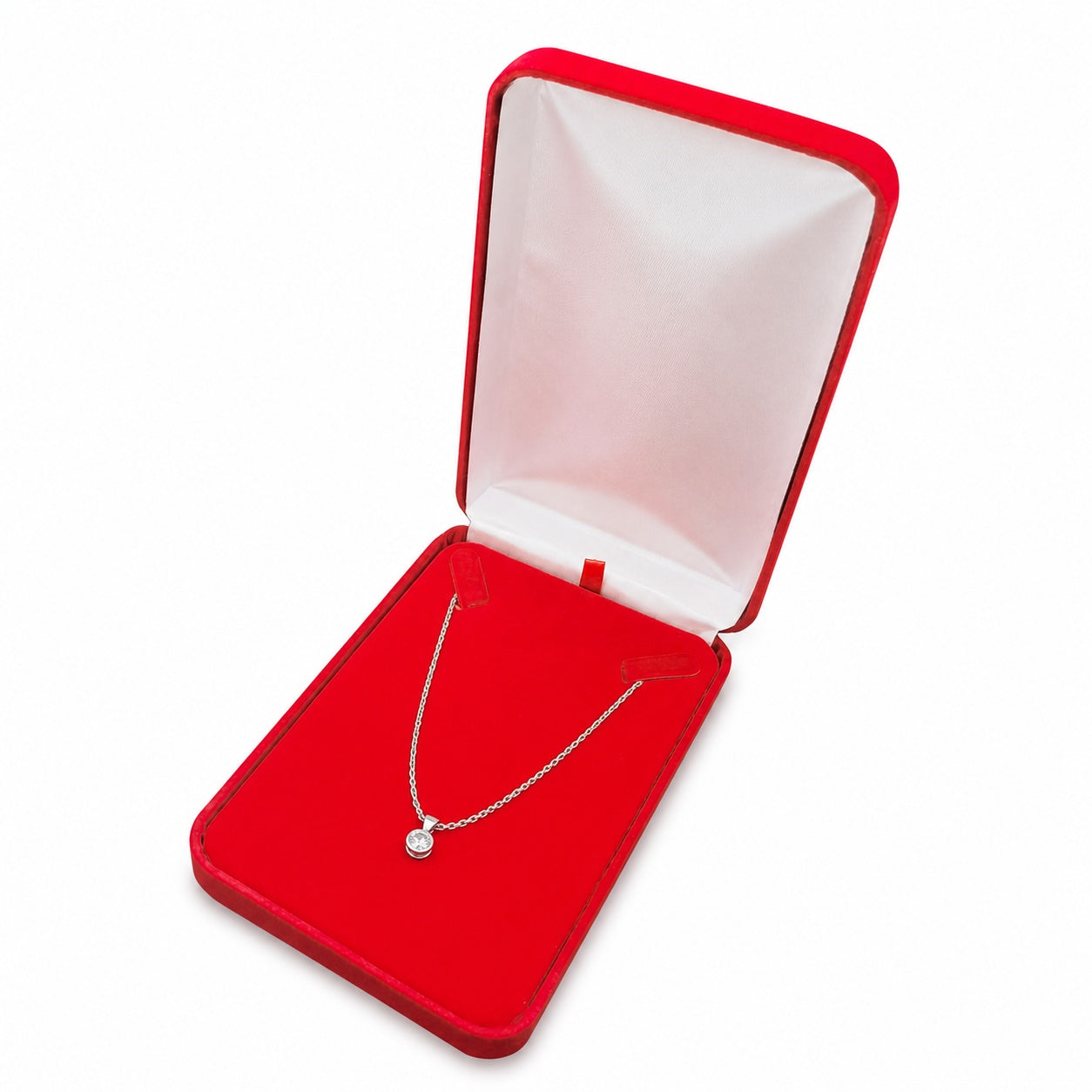 Red Velvet Necklace Boxes shown as one open box with jewelry display props