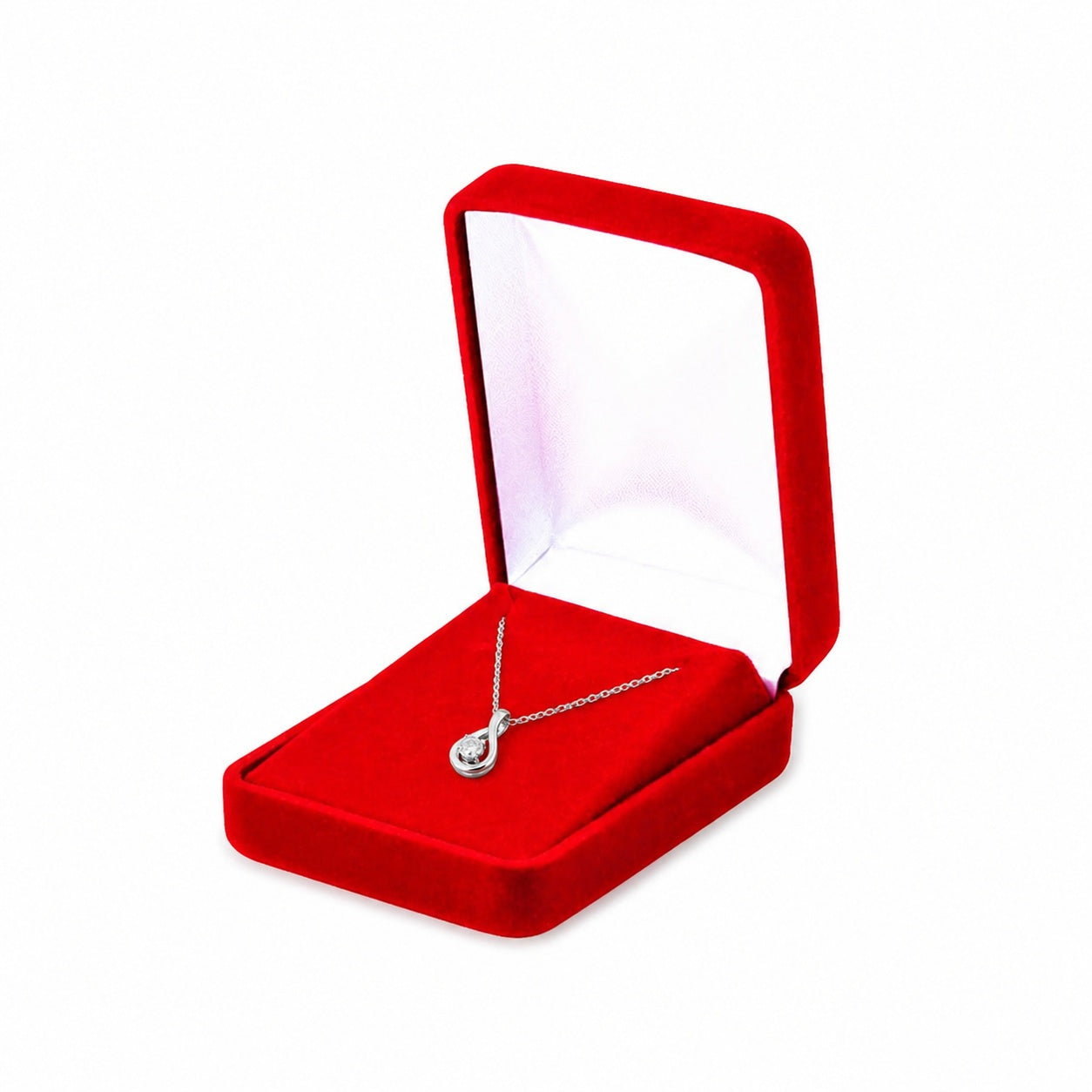 One open red velvet pendant and earring box displaying jewelry