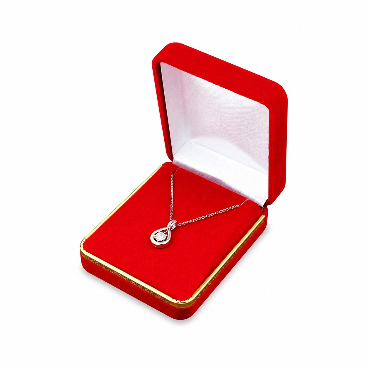 Red Velvet Pendant and Earring Boxes with Gold Trim shown as one open box with jewelry display props