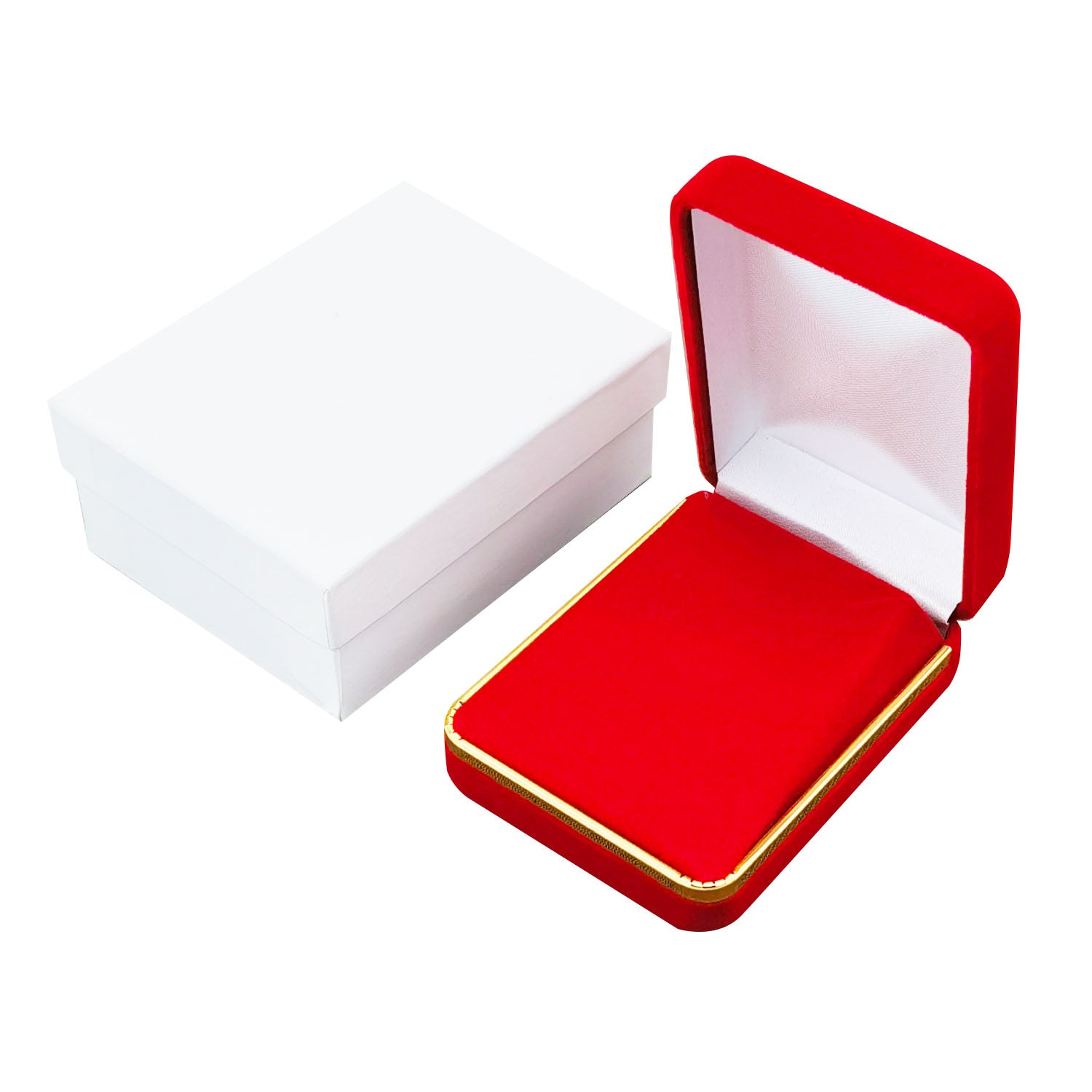 Red Velvet Pendant and Earring Boxes with Gold Trim, product view 2