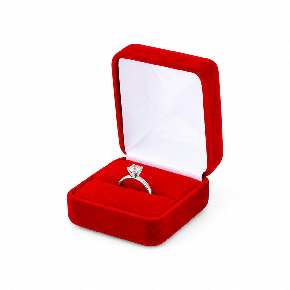 One open red velvet ring box displaying a solitaire ring