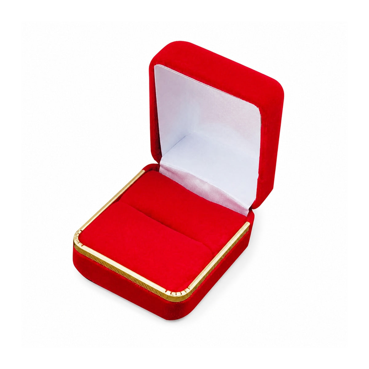 Red velvet single ring box with gold trim empty interior detail.