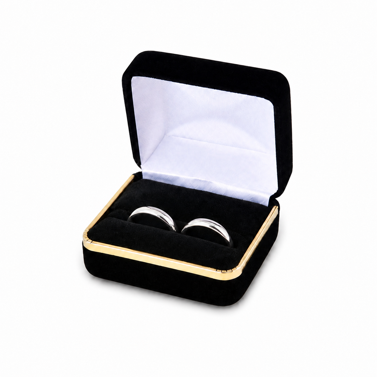 ring box - Black Velvet Double Ring Boxes with Gold Trim - 12 Pack SR5-BK front view