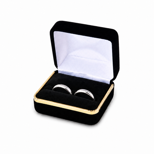 ring box - Black Velvet Double Ring Boxes with Gold Trim - 12 Pack SR5-BK front view