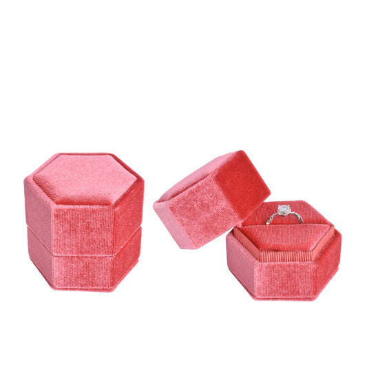 ring box - Coral Hexagonal Velvet Ring Box V09-R1 R open view