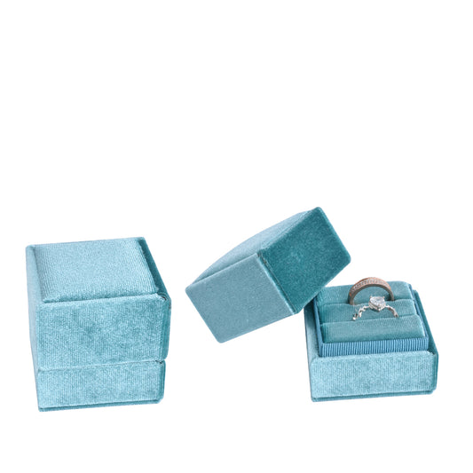 ring box - Light Blue Square Double Velvet Ring Box V08-R4A PEC open view