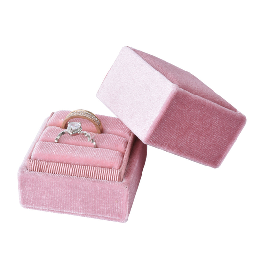 ring box - Pink Square Double Velvet Ring Box V08-R4A P front view