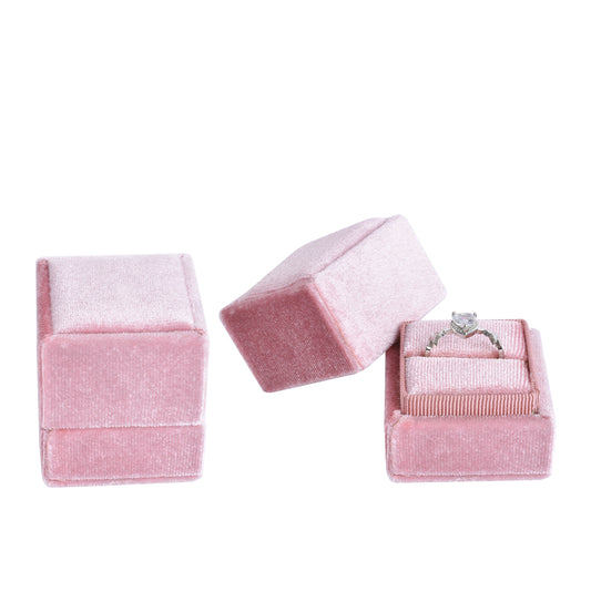 ring box - Pink Square Single Velvet Ring Box V07-R1 P open view