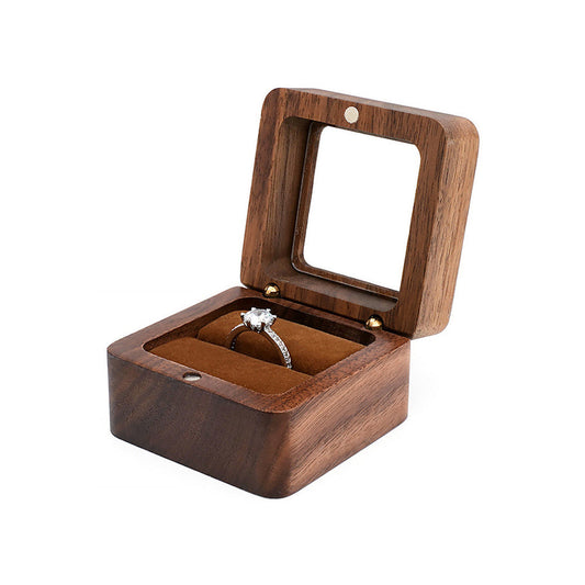 ring box - Clear Brown Wooden Velvet Ring Box Boxes W01R2-BR front view