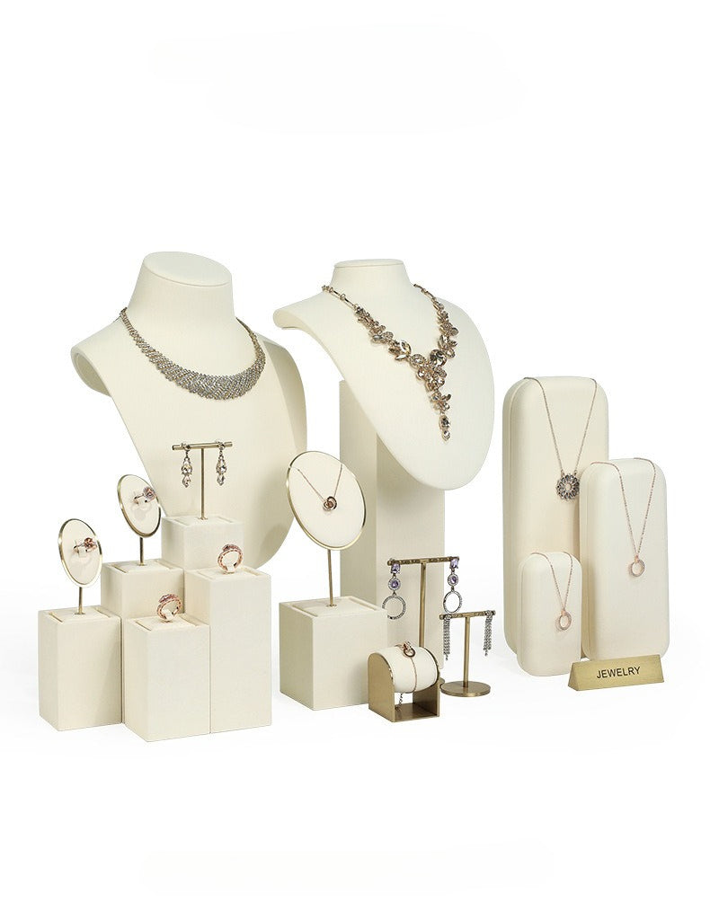 ring display and earring display - Beige Gold Velvet Metal Display Stand Ring Earring C02771 front view
