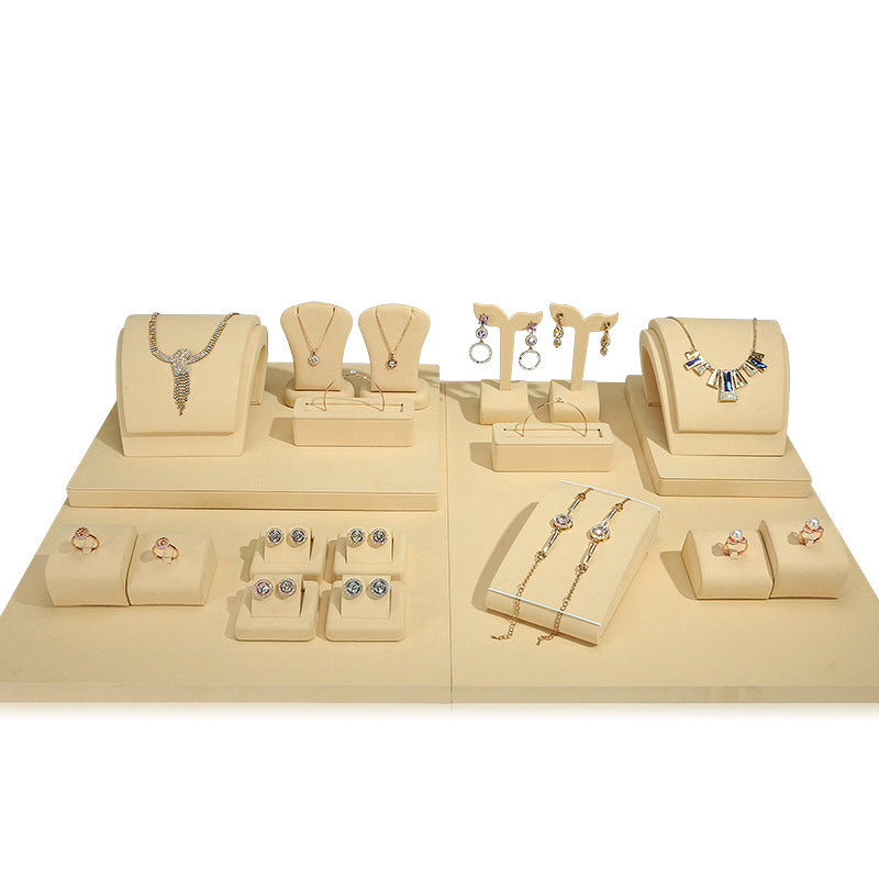ring display and necklace display - Beige Gold Microfiber Display Stand Ring Necklace C00920 front view