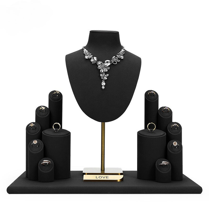 ring display and necklace display - Black Microfiber Display Stand Necklace Ring C02296 front view