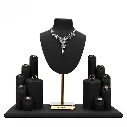 ring display and necklace display - Black Microfiber Display Stand Necklace Ring C02296 front view