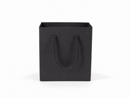 Dimensions for black small square paper tote gift bag: 4.75 × 2.75 × 5 in