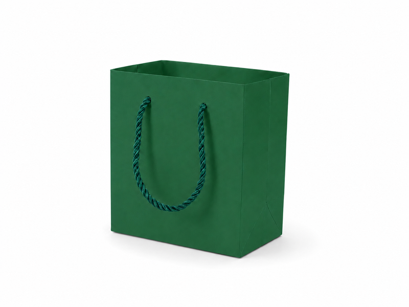 Green small square paper gift tote bag with rope handles, 24 pack