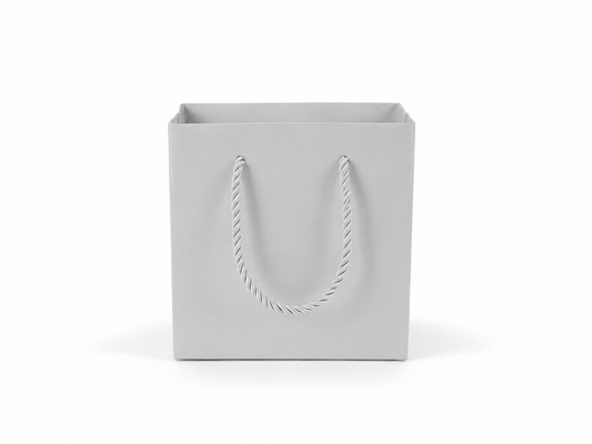 Dimensions for silver small square paper tote gift bag: 4.75 × 2.75 × 5 in