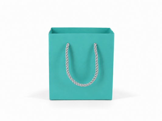 Dimensions for tiffany blue small square paper tote gift bag: 4.75 × 2.75 × 5 in