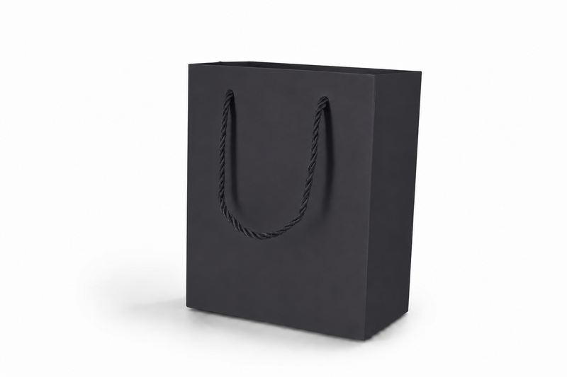 Black medium tall paper gift tote bag with rope handles, 24 pack