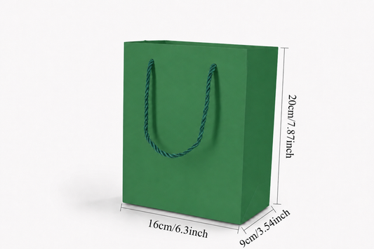 Dimensions for green medium tall paper tote gift bag: 6.25 × 3.5 × 7.75 in