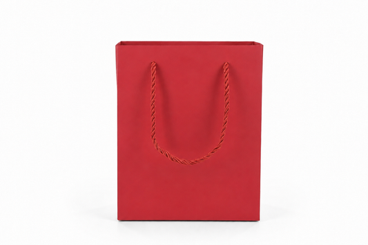 Dimensions for red medium tall paper tote gift bag: 6.25 × 3.5 × 7.75 in