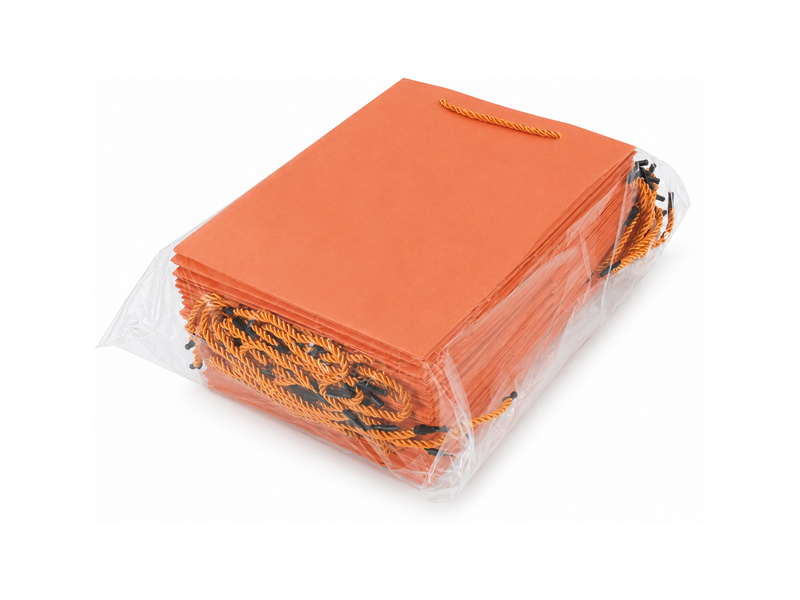 Bulk 24-pack of orange paper gift bags for jewelry retail packaging, 7.75 × 4.25 × 10.25 in