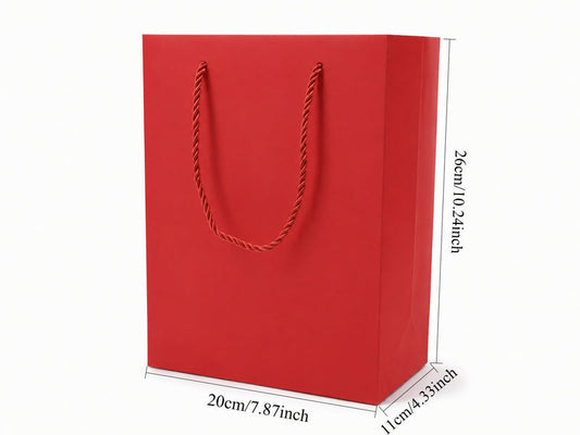 Dimensions for red large portrait paper tote gift bag: 7.75 × 4.25 × 10.25 in