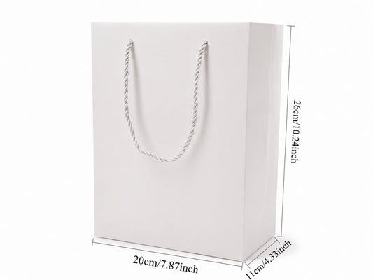Dimensions for white large portrait paper tote gift bag: 7.75 × 4.25 × 10.25 in
