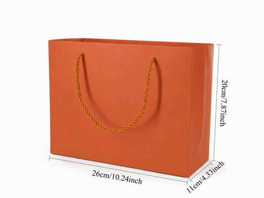 Dimensions for orange large landscape paper tote gift bag: 10.25 × 4.25 × 7.75 in