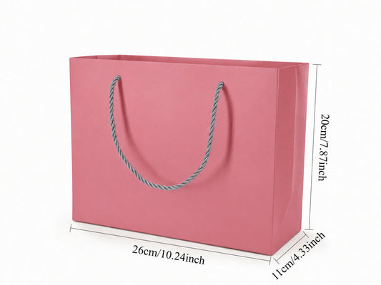 Dimensions for pink large landscape paper tote gift bag: 10.25 × 4.25 × 7.75 in