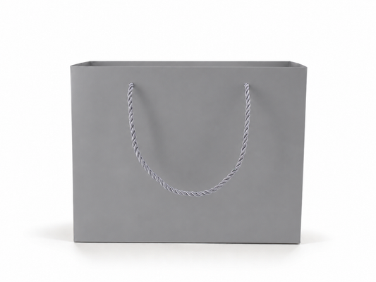 Dimensions for silver large landscape paper tote gift bag: 10.25 × 4.25 × 7.75 in