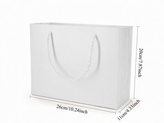 Dimensions for white large landscape paper tote gift bag: 10.25 × 4.25 × 7.75 in
