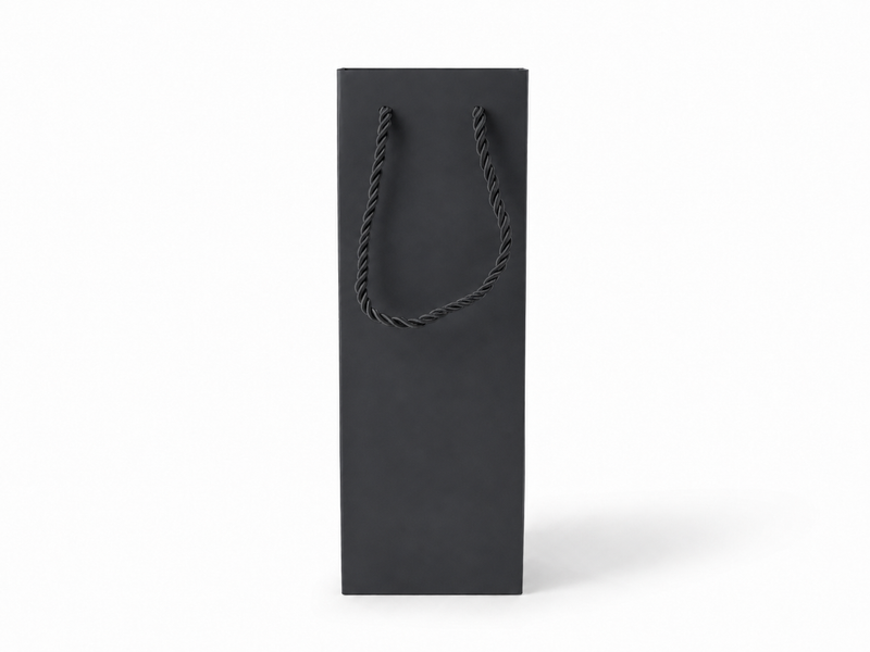 Front view of black jewelry store gift tote bag with rope handles, 3.25 × 2.75 × 10.75 in