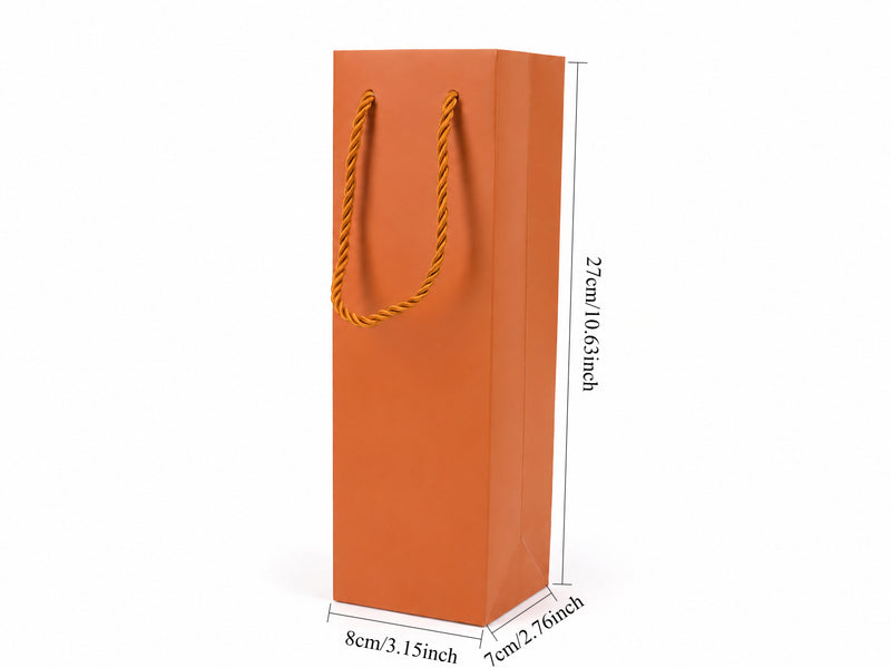 Front view of orange jewelry store gift tote bag with rope handles, 3.25 × 2.75 × 10.75 in