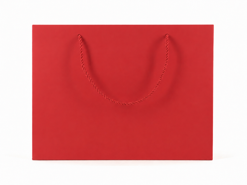 Dimensions for red extra-large landscape paper tote gift bag: 13 × 6 × 9.75 in