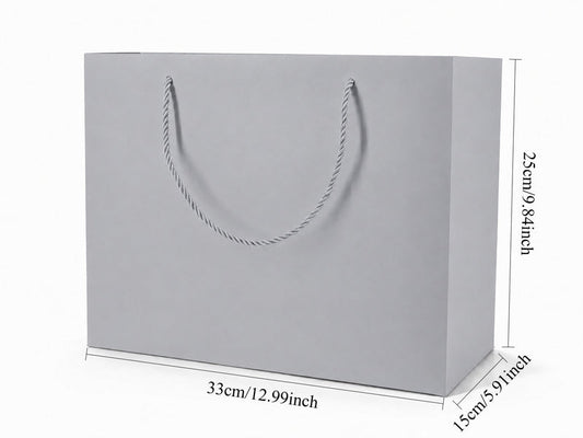 Dimensions for silver extra-large landscape paper tote gift bag: 13 × 6 × 9.75 in
