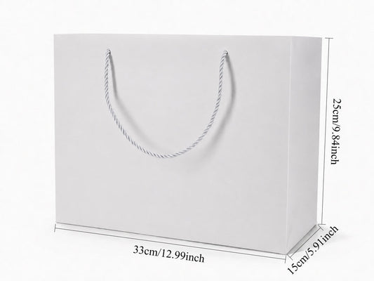 Dimensions for white extra-large landscape paper tote gift bag: 13 × 6 × 9.75 in