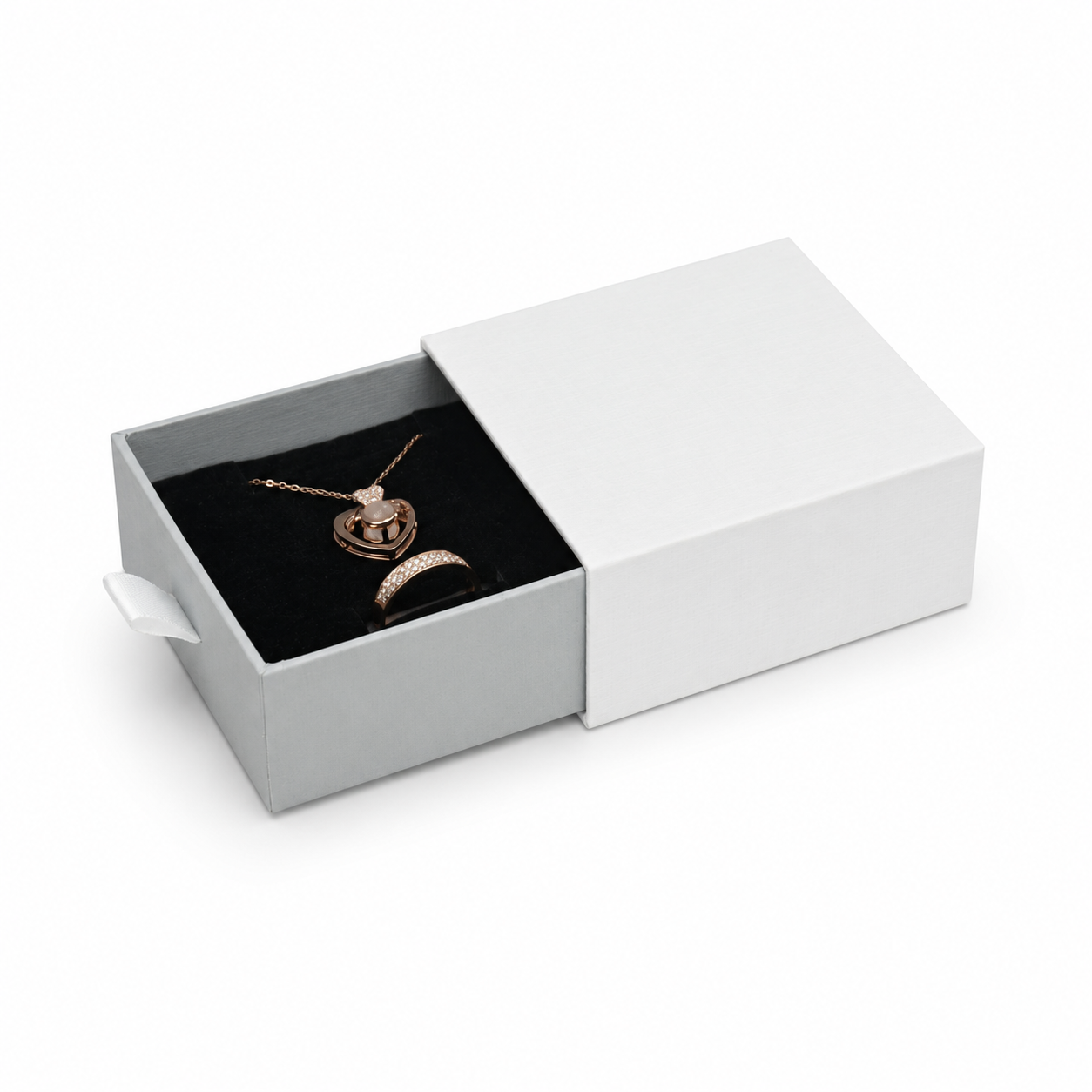 Silver sliding drawer jewelry box for rings, earrings, studs, pendants and compact necklaces — B2533-SL product view 05.
