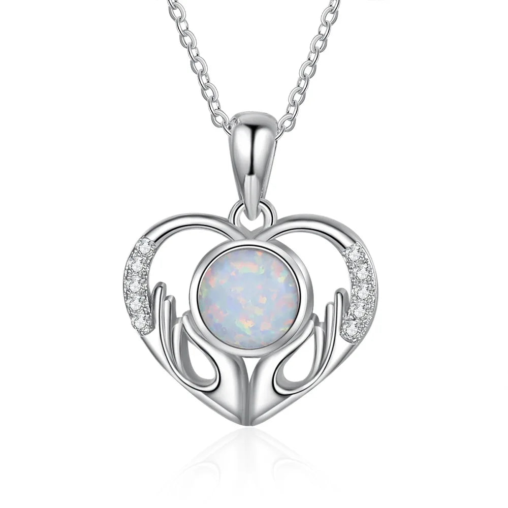 sterling silver jewelry - 925 Silver Pendant Necklaces SLZ0017N-opal heart necklace front view