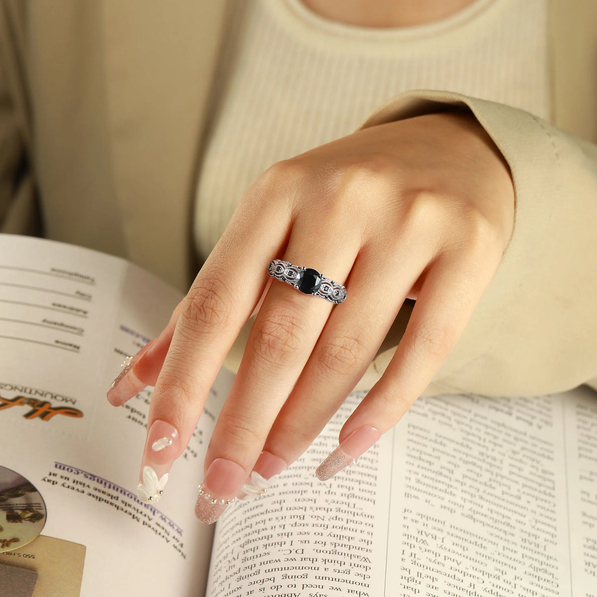 sterling silver jewelry - Silver Black Ring Rings SLZ0048R-weddding Rings-6 detail view