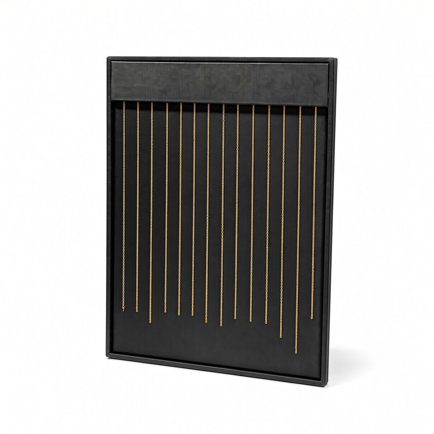 Black necklace display board upright with chains