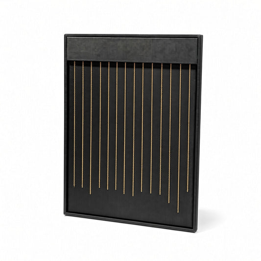 Black necklace display board upright with chains