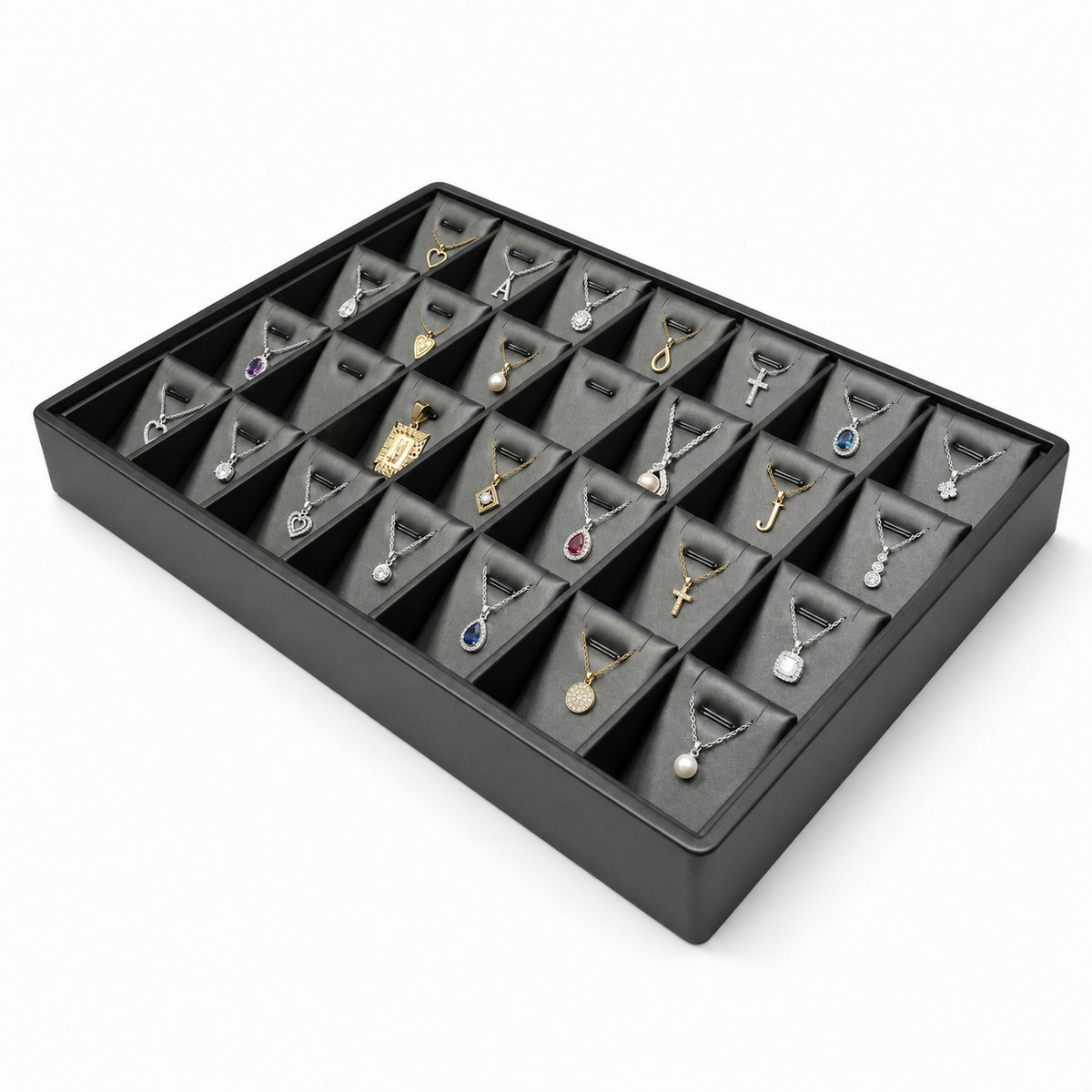 Black 28-slot pendant necklace display tray filled with jewelry, angled view